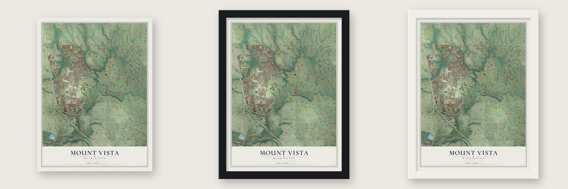 Mount Vista, Washington map unframed, in a black wood frame and in a white wood frame