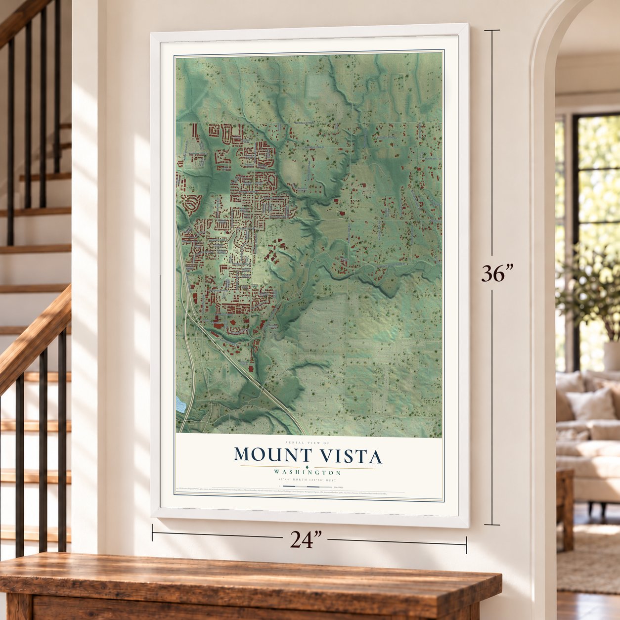 Mount Vista, Washington map, 24 x 36 inch print in a white frame by a staircase