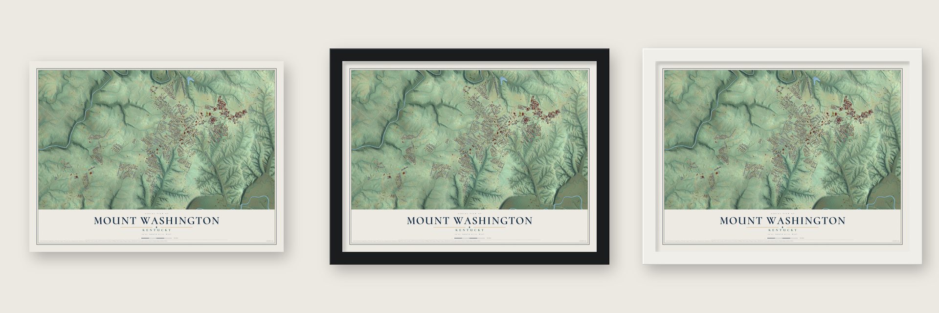 Mount Washington, Kentucky map unframed, in a black wood frame and in a white wood frame