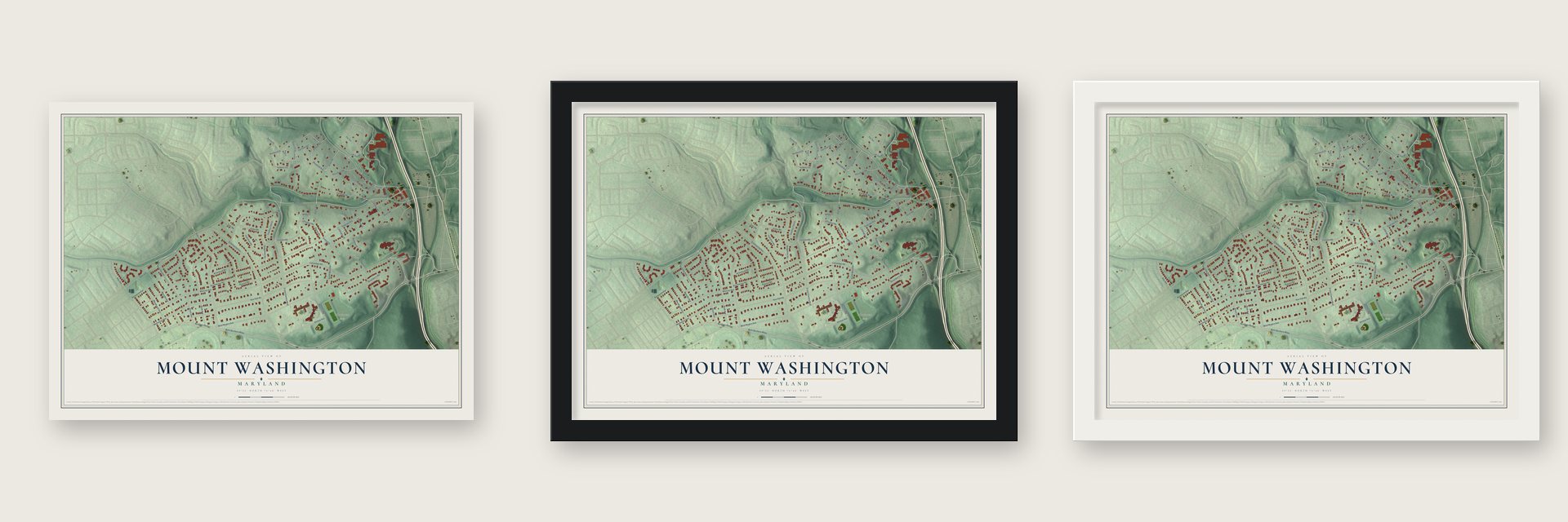 Mount Washington, Maryland map unframed, in a black wood frame and in a white wood frame
