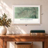 Mount Washington, Maryland map, 12 x 18 inch print in a white frame in an entryway