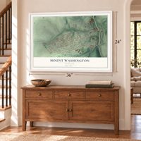 Mount Washington, Maryland map, 24 x 36 inch print in a white frame above a dresser by a staircase