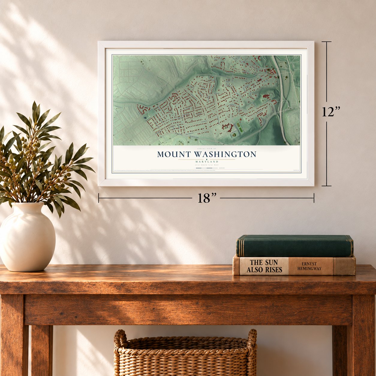 Mount Washington, Maryland map, 12 x 18 inch print in a white frame in an entryway