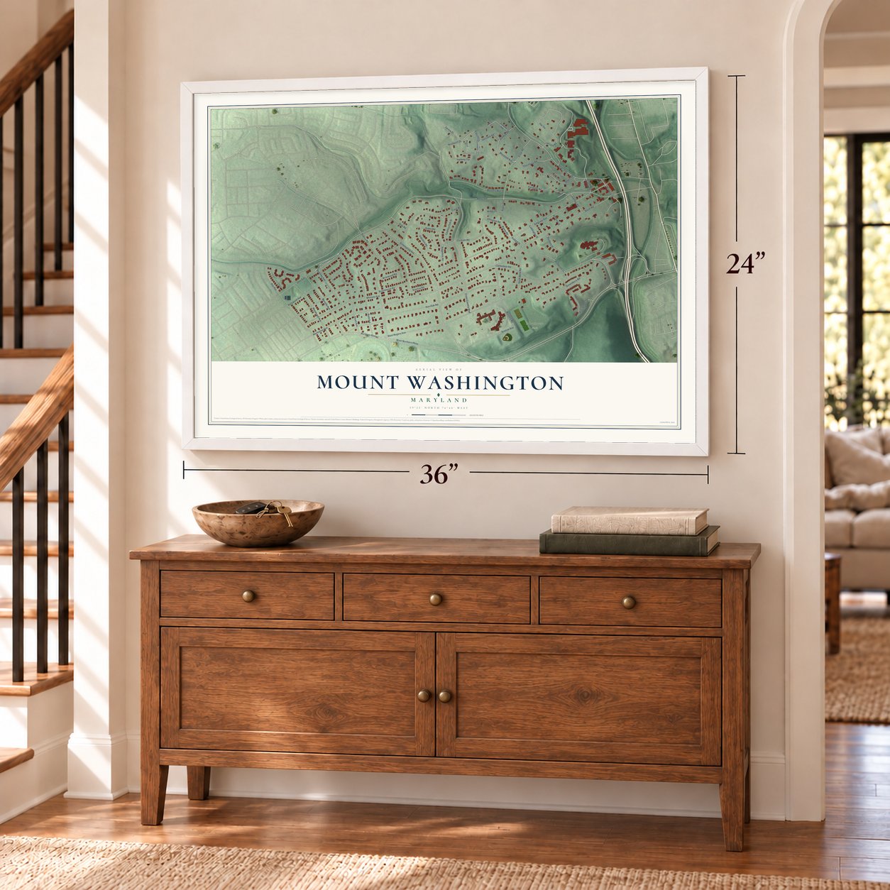 Mount Washington, Maryland map, 24 x 36 inch print in a white frame above a dresser by a staircase