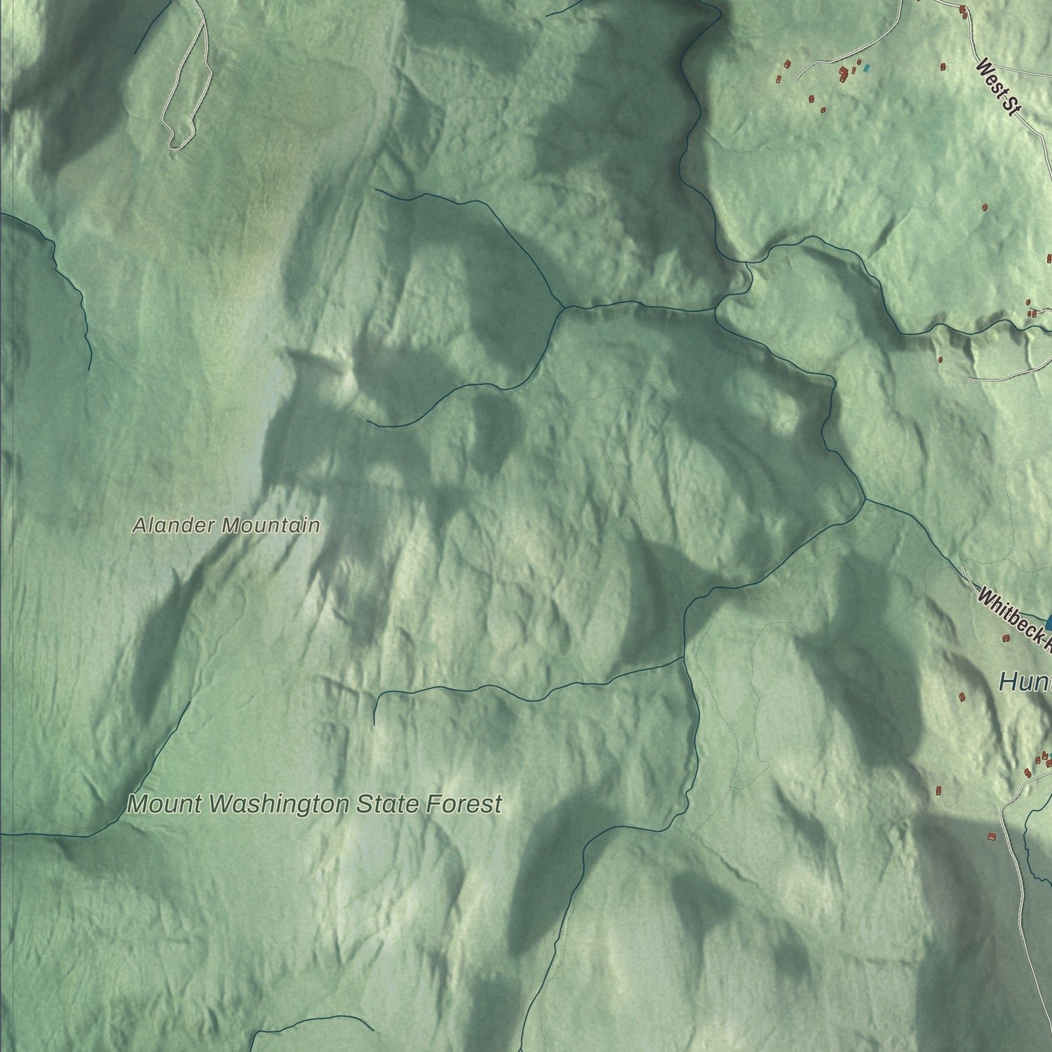 Close-up of the map of Mount Washington, Massachusetts print showing terrain and local geography