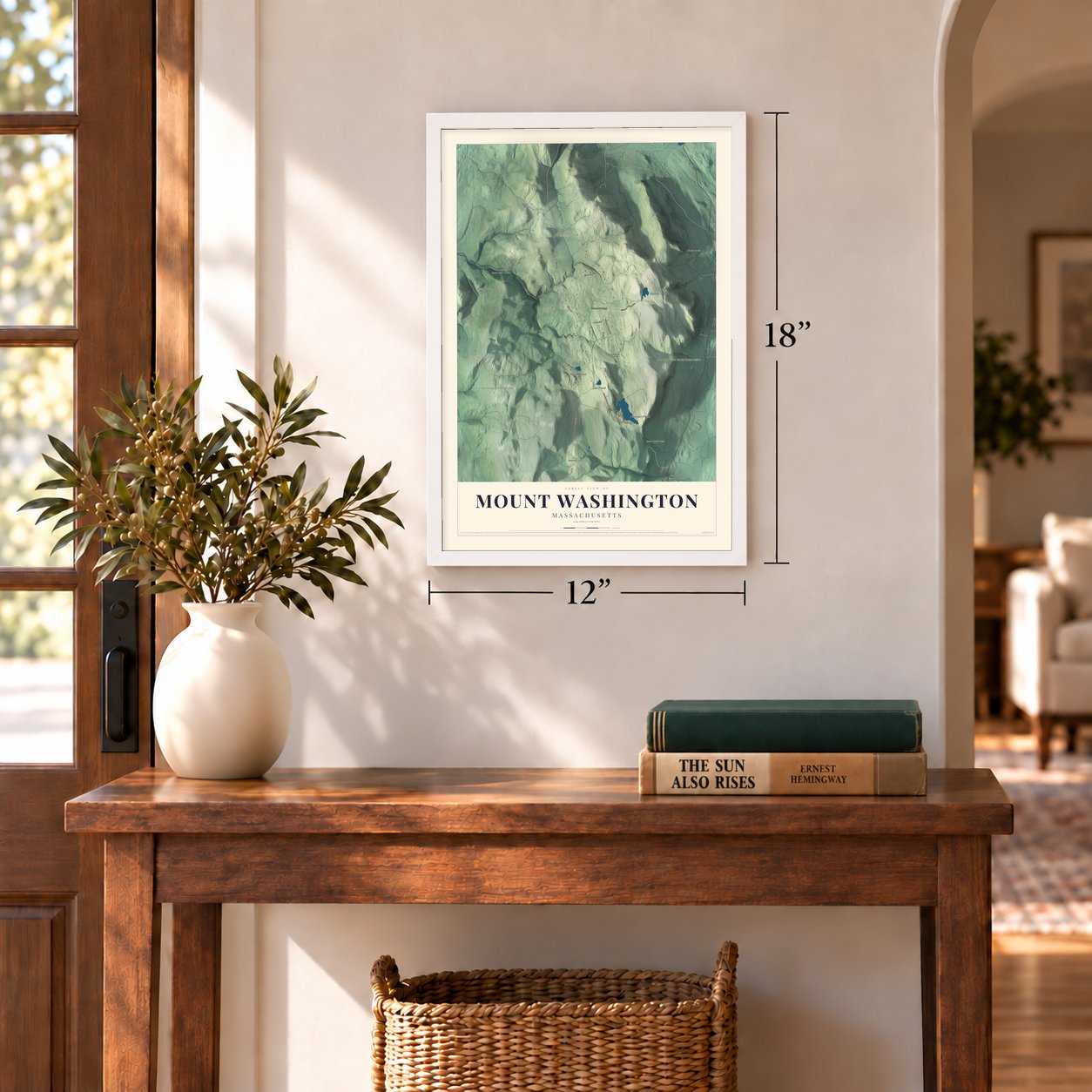 Mount Washington, Massachusetts map, 12 x 18 inch print in a white frame in an entryway