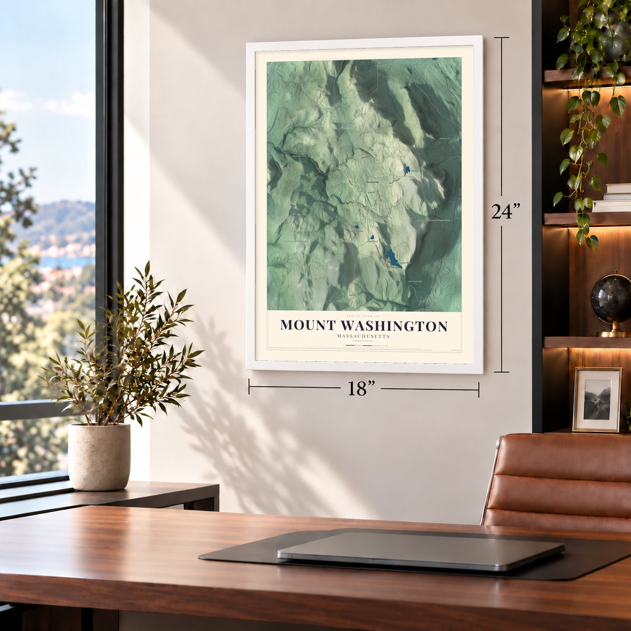 Mount Washington, Massachusetts map, 18 x 24 inch print in a white frame in a home office