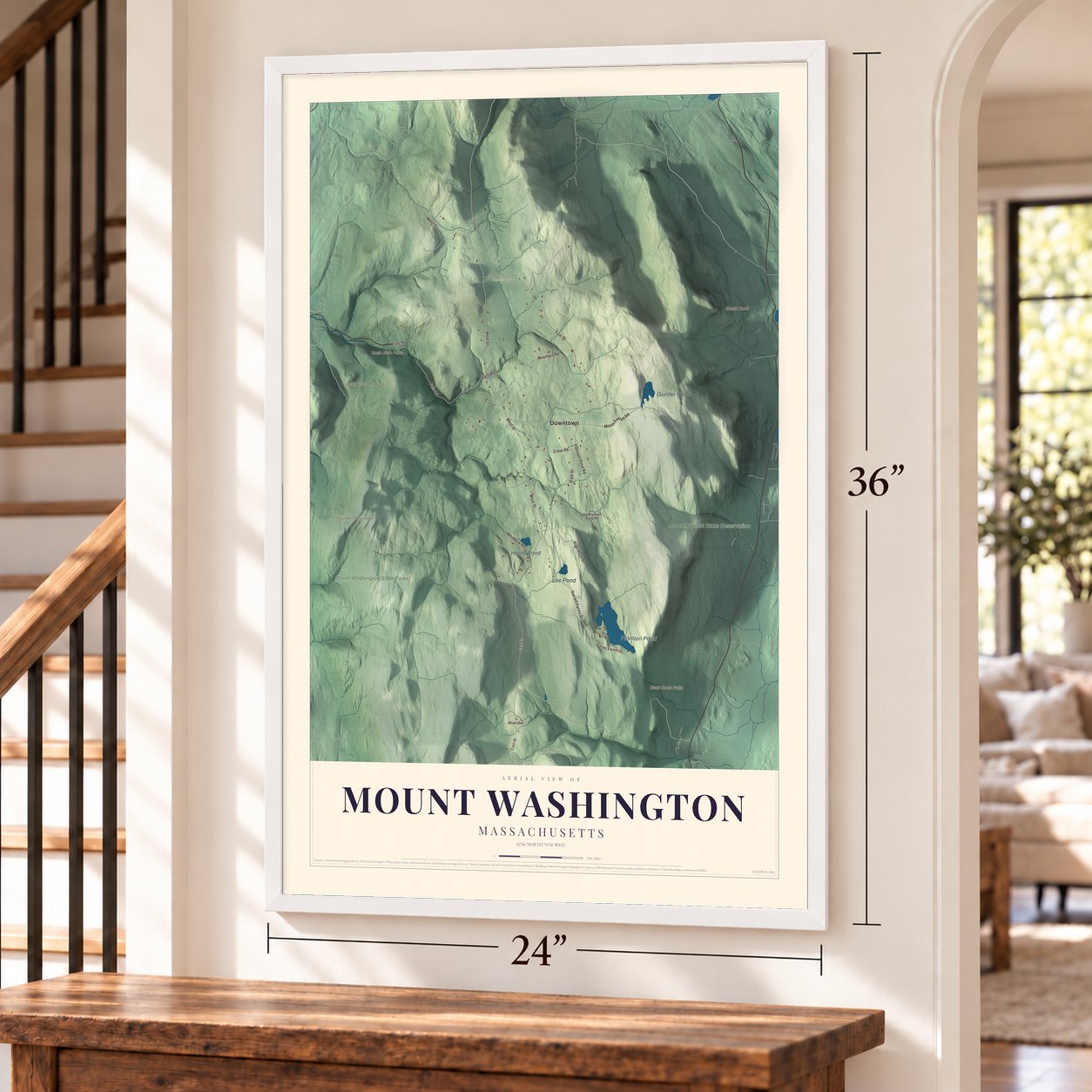 Mount Washington, Massachusetts map, 24 x 36 inch print in a white frame by a staircase
