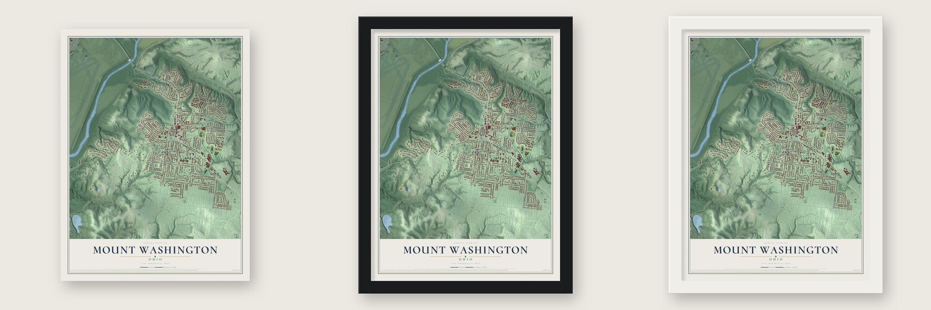Mount Washington, Ohio map unframed, in a black wood frame and in a white wood frame