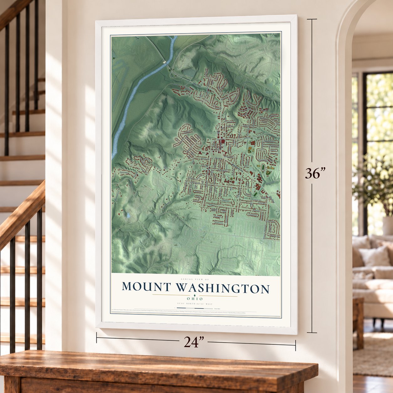 Mount Washington, Ohio map, 24 x 36 inch print in a white frame by a staircase
