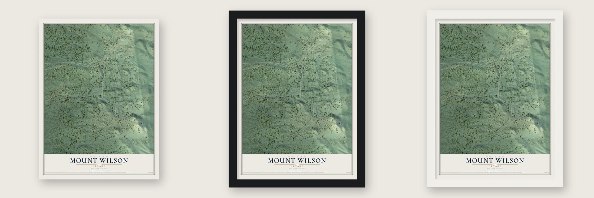Mount Wilson, Nevada map unframed, in a black wood frame and in a white wood frame