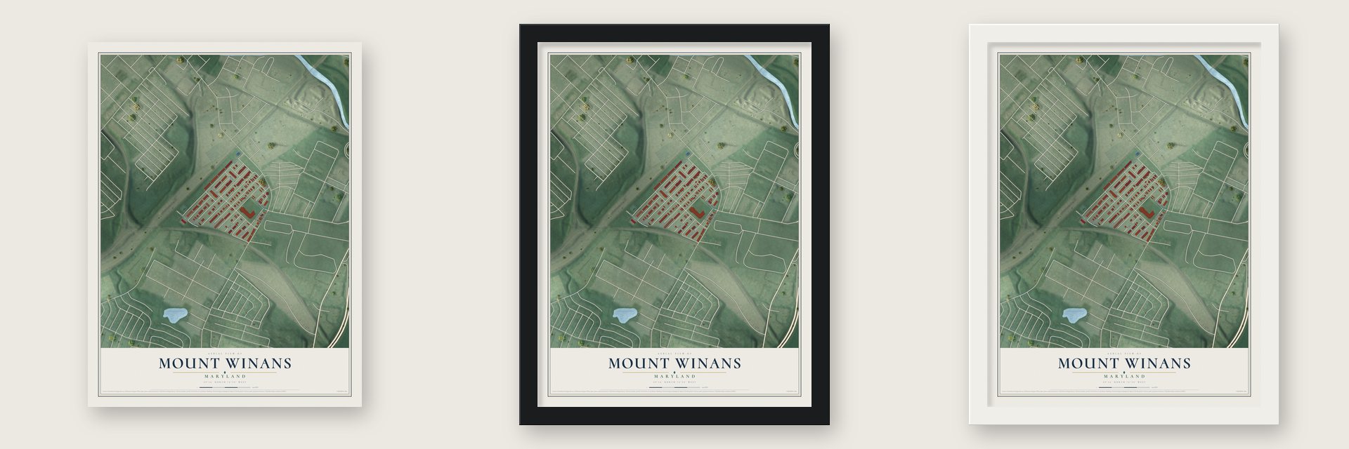 Mount Winans, Maryland map unframed, in a black wood frame and in a white wood frame