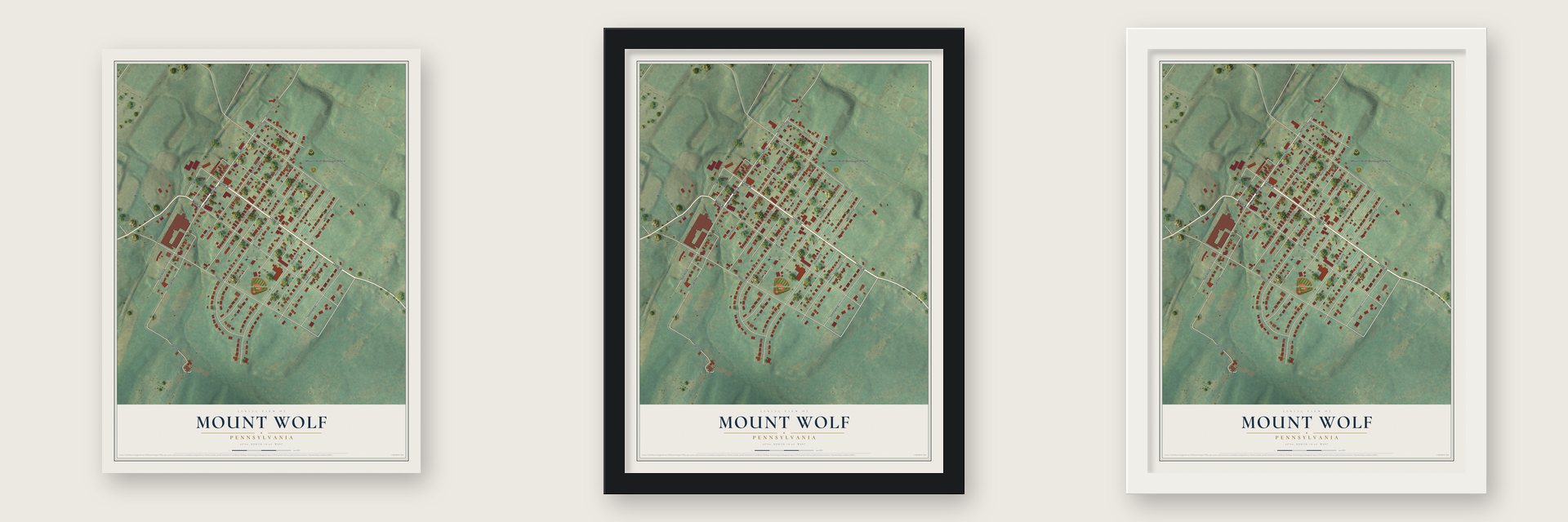 Mount Wolf, Pennsylvania map unframed, in a black wood frame and in a white wood frame