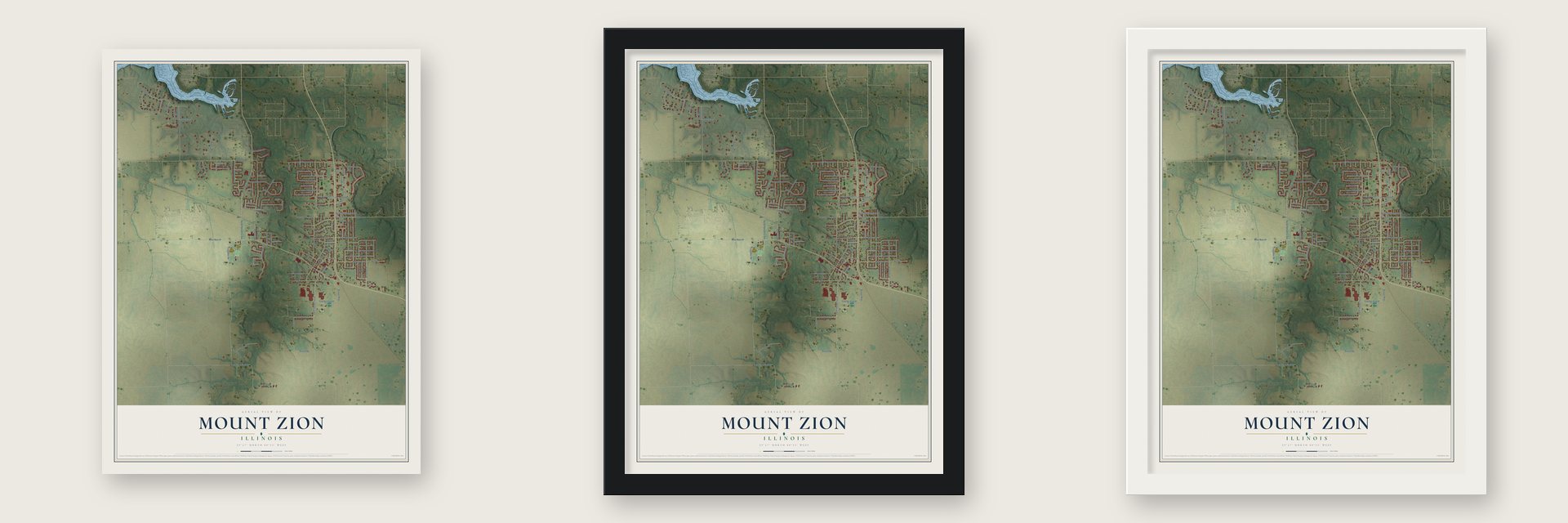 Mount Zion, Illinois map unframed, in a black wood frame and in a white wood frame