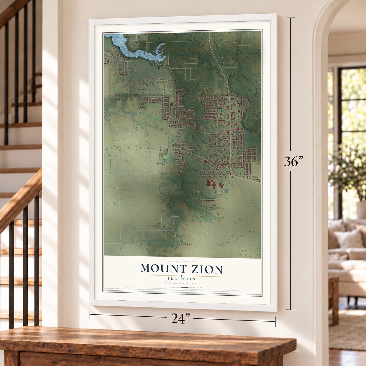 Mount Zion, Illinois map, 24 x 36 inch print in a white frame by a staircase