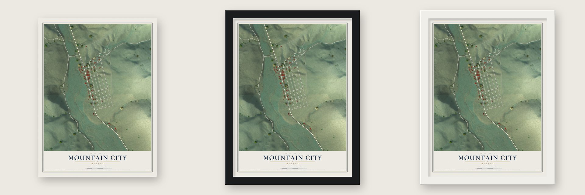 Mountain City, Nevada map unframed, in a black wood frame and in a white wood frame