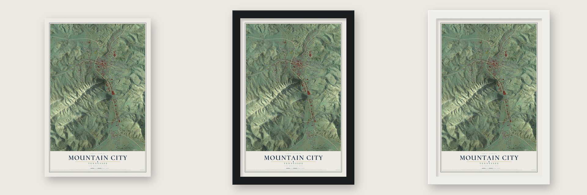 Mountain City, Tennessee map unframed, in a black wood frame and in a white wood frame