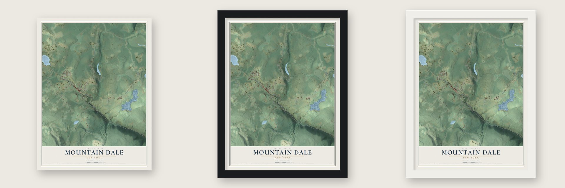 Mountain Dale, New York map unframed, in a black wood frame and in a white wood frame