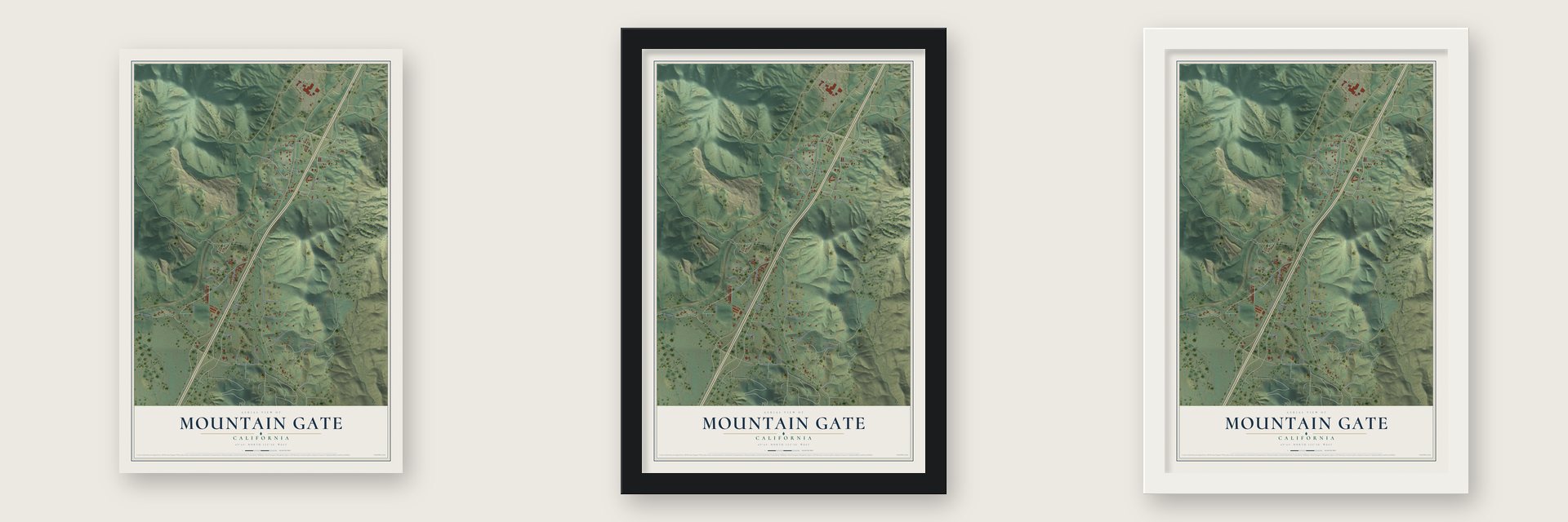 Mountain Gate, California map unframed, in a black wood frame and in a white wood frame