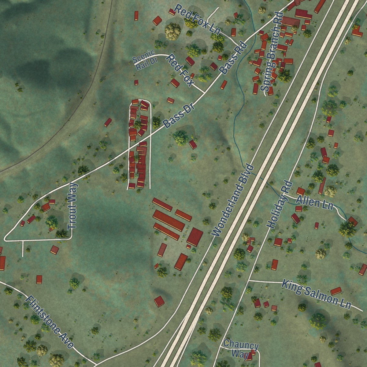 Second close-up of the map of Mountain Gate, California print showing more streets and buildings