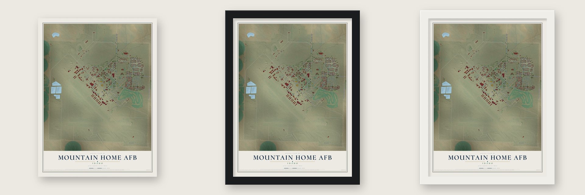 Mountain Home AFB, Idaho map unframed, in a black wood frame and in a white wood frame