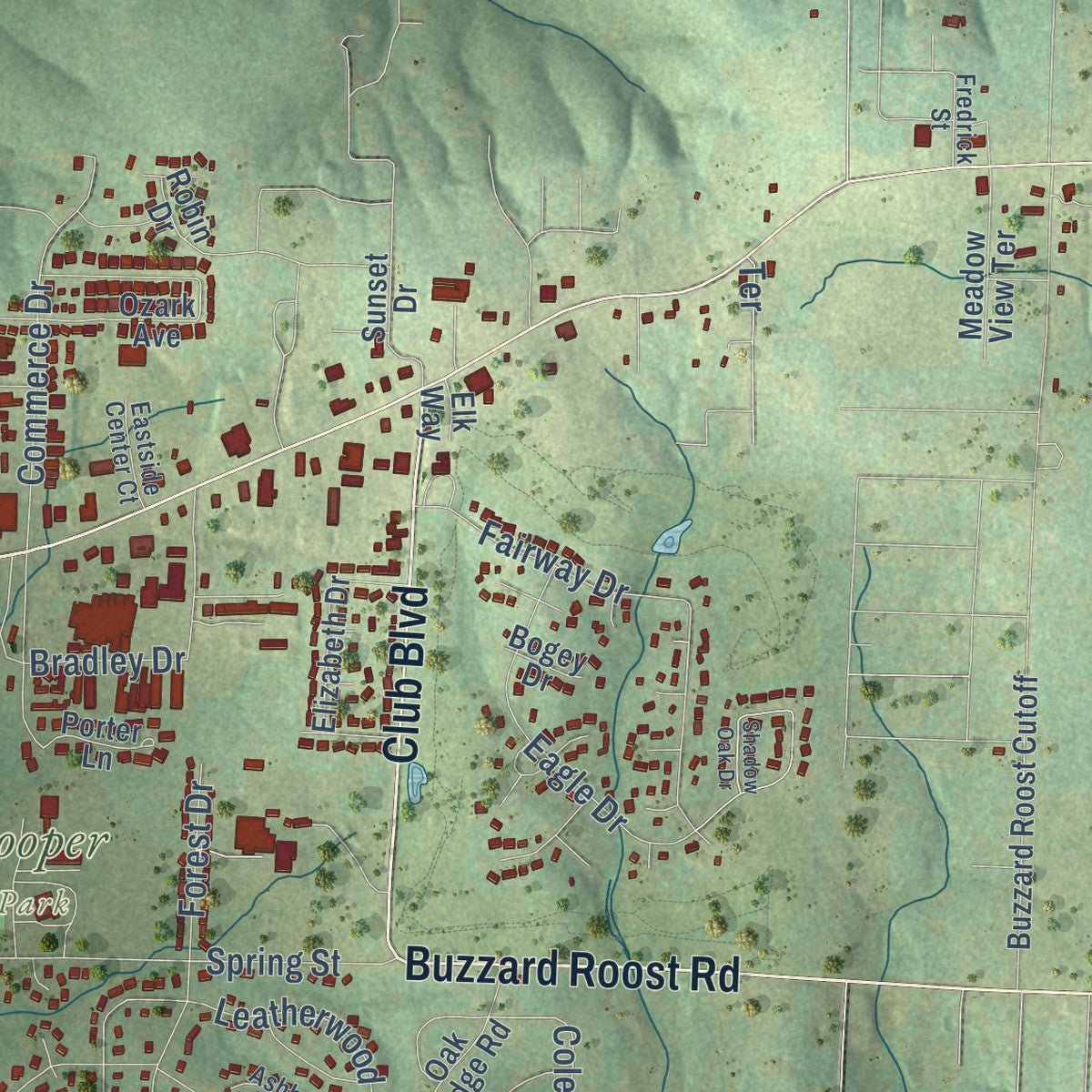 Second close-up of the map of Mountain Home, Arkansas print showing more streets and buildings