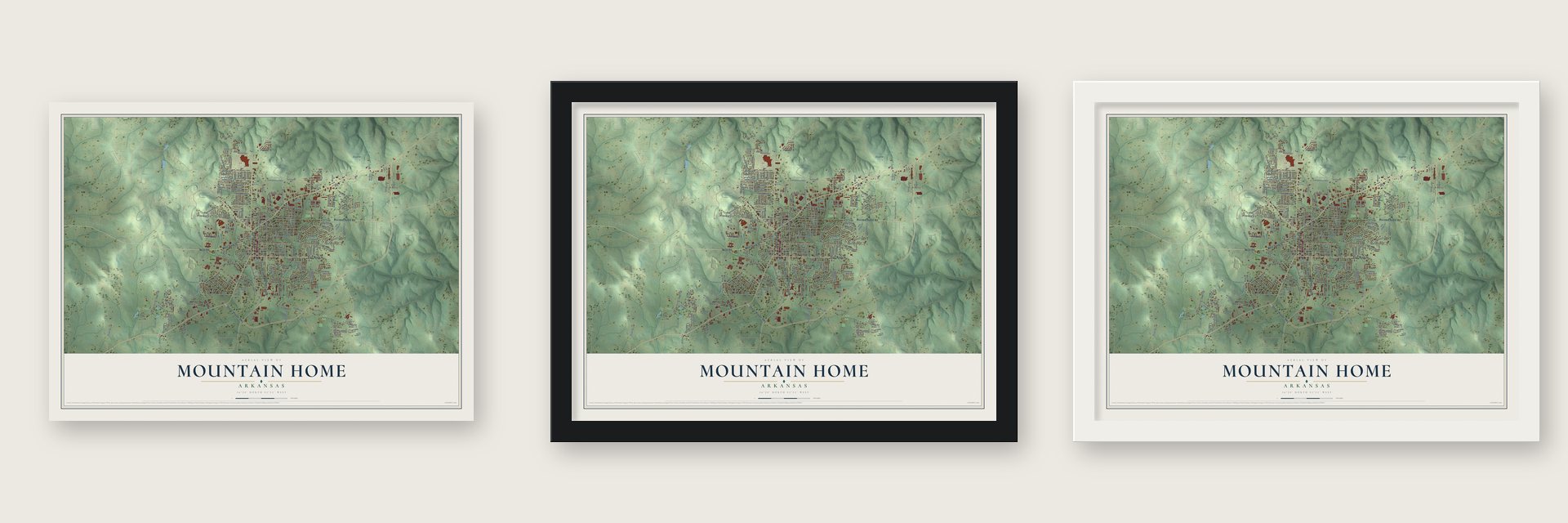 Mountain Home, Arkansas map unframed, in a black wood frame and in a white wood frame