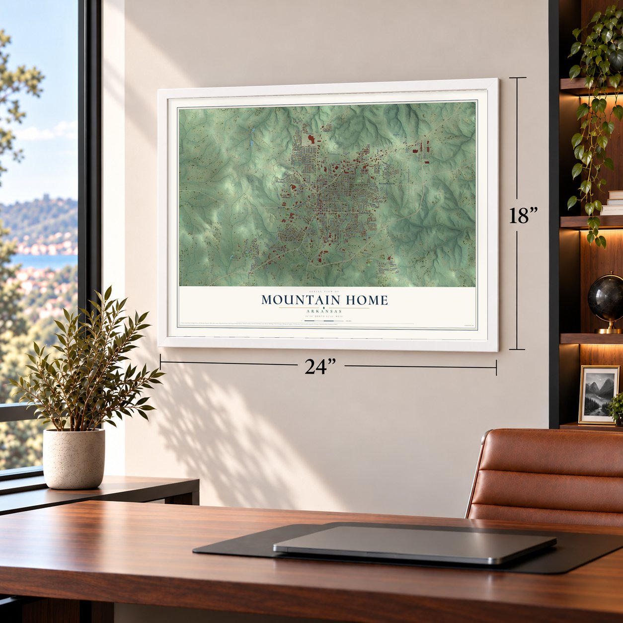 Mountain Home, Arkansas map, 18 x 24 inch print in a white frame in a home office