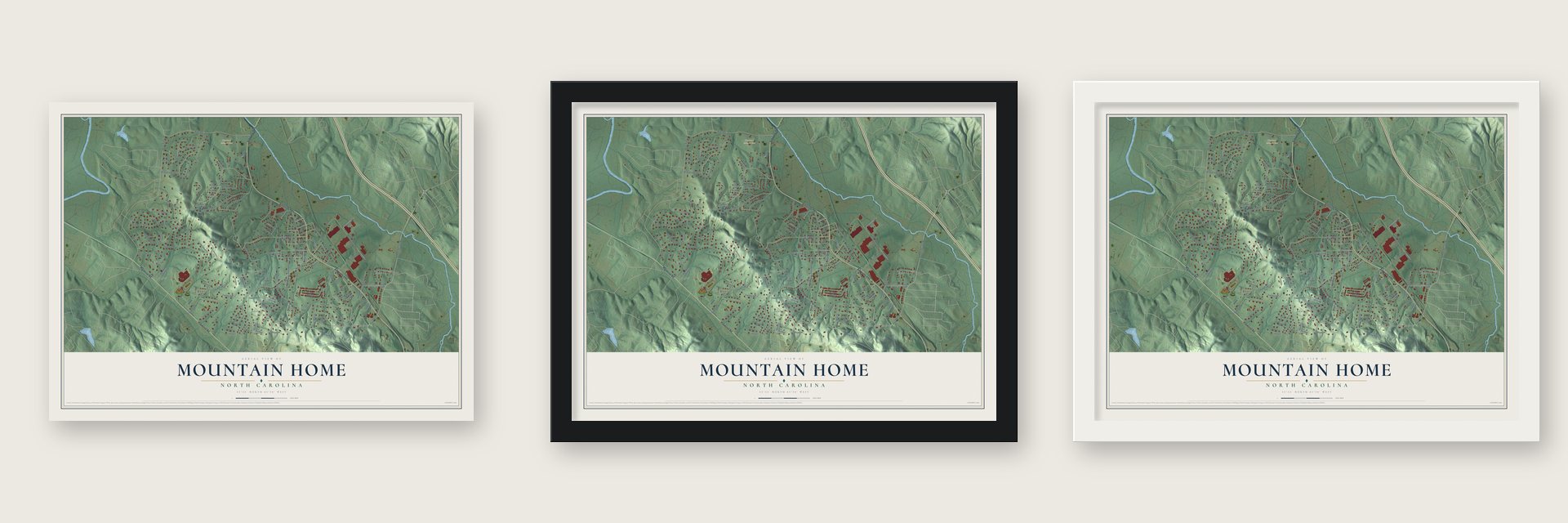 Mountain Home, North Carolina map unframed, in a black wood frame and in a white wood frame