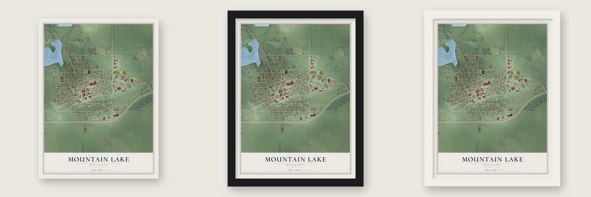 Mountain Lake, Minnesota map unframed, in a black wood frame and in a white wood frame