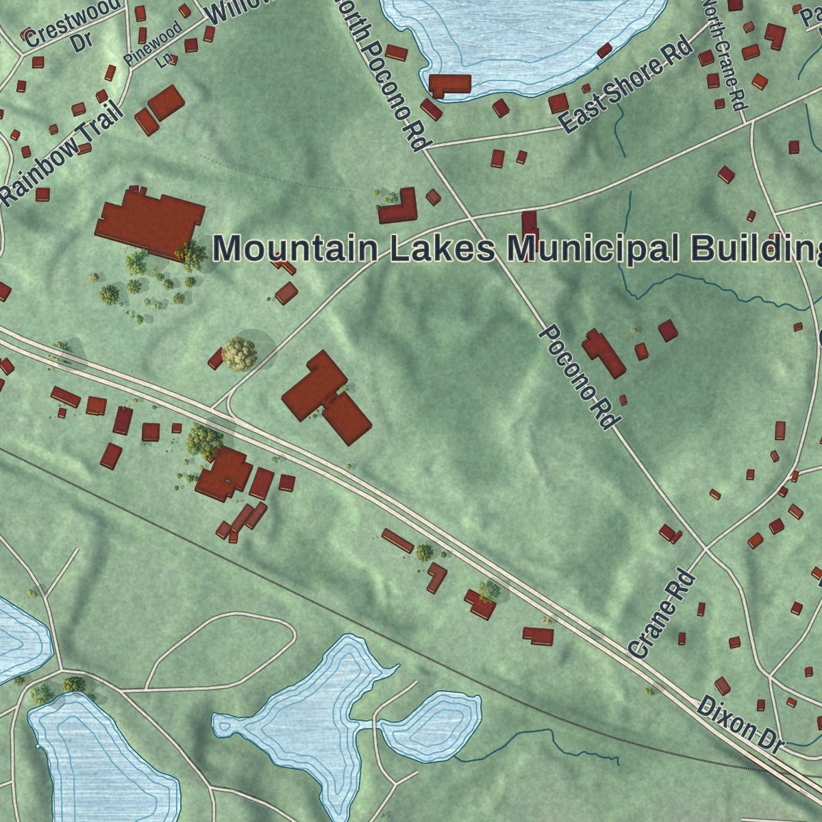 Second close-up of the map of Mountain Lakes, New Jersey print showing more streets and buildings