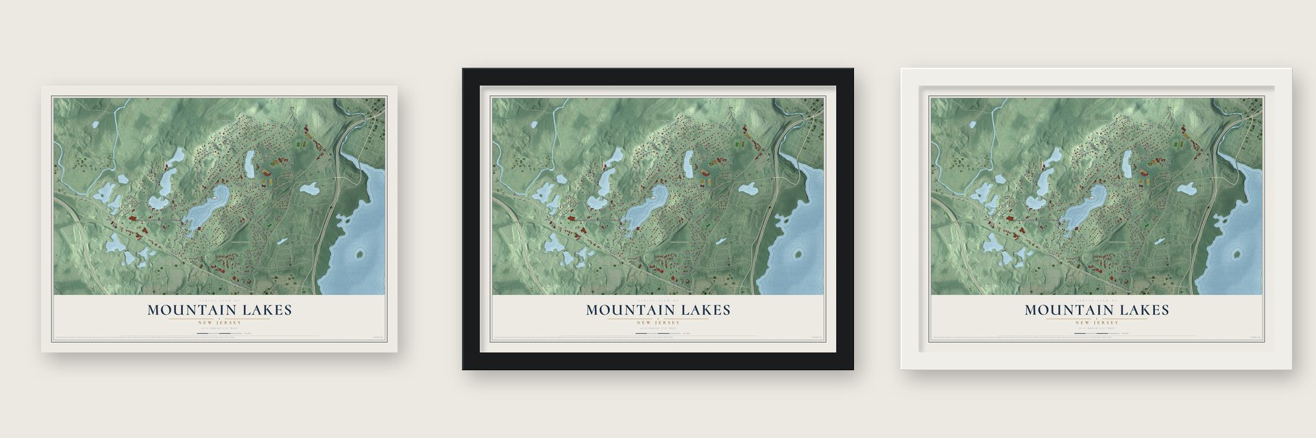Mountain Lakes, New Jersey map unframed, in a black wood frame and in a white wood frame