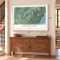Mountain Lakes, New Jersey map, 24 x 36 inch print in a white frame above a dresser by a staircase