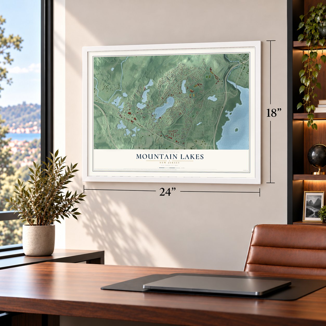 Mountain Lakes, New Jersey map, 18 x 24 inch print in a white frame in a home office