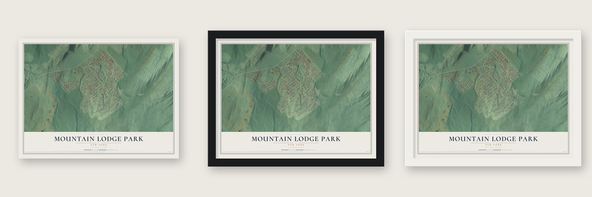 Mountain Lodge Park, New York map unframed, in a black wood frame and in a white wood frame