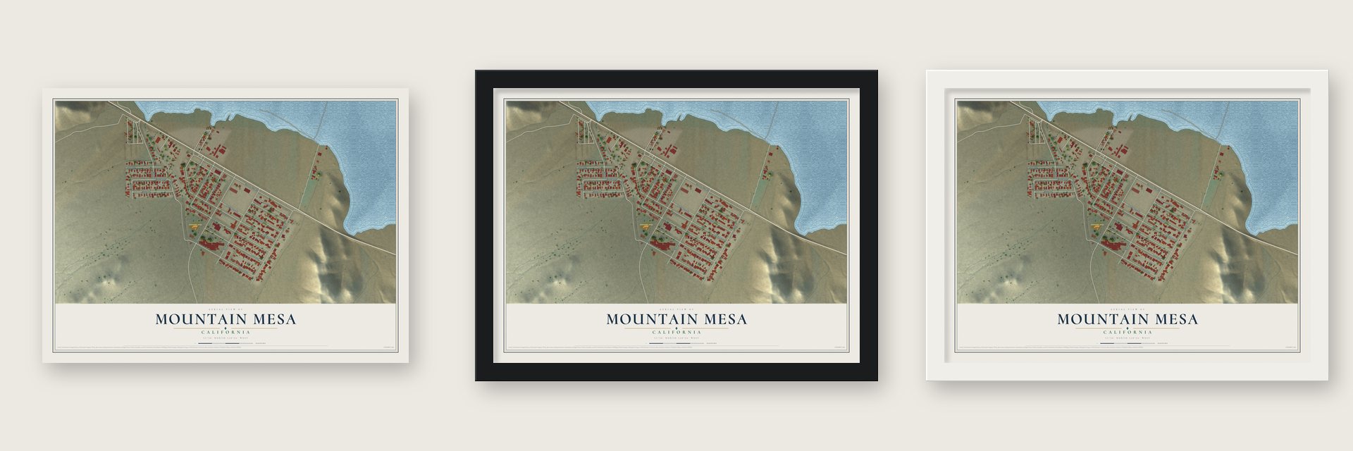 Mountain Mesa, California map unframed, in a black wood frame and in a white wood frame