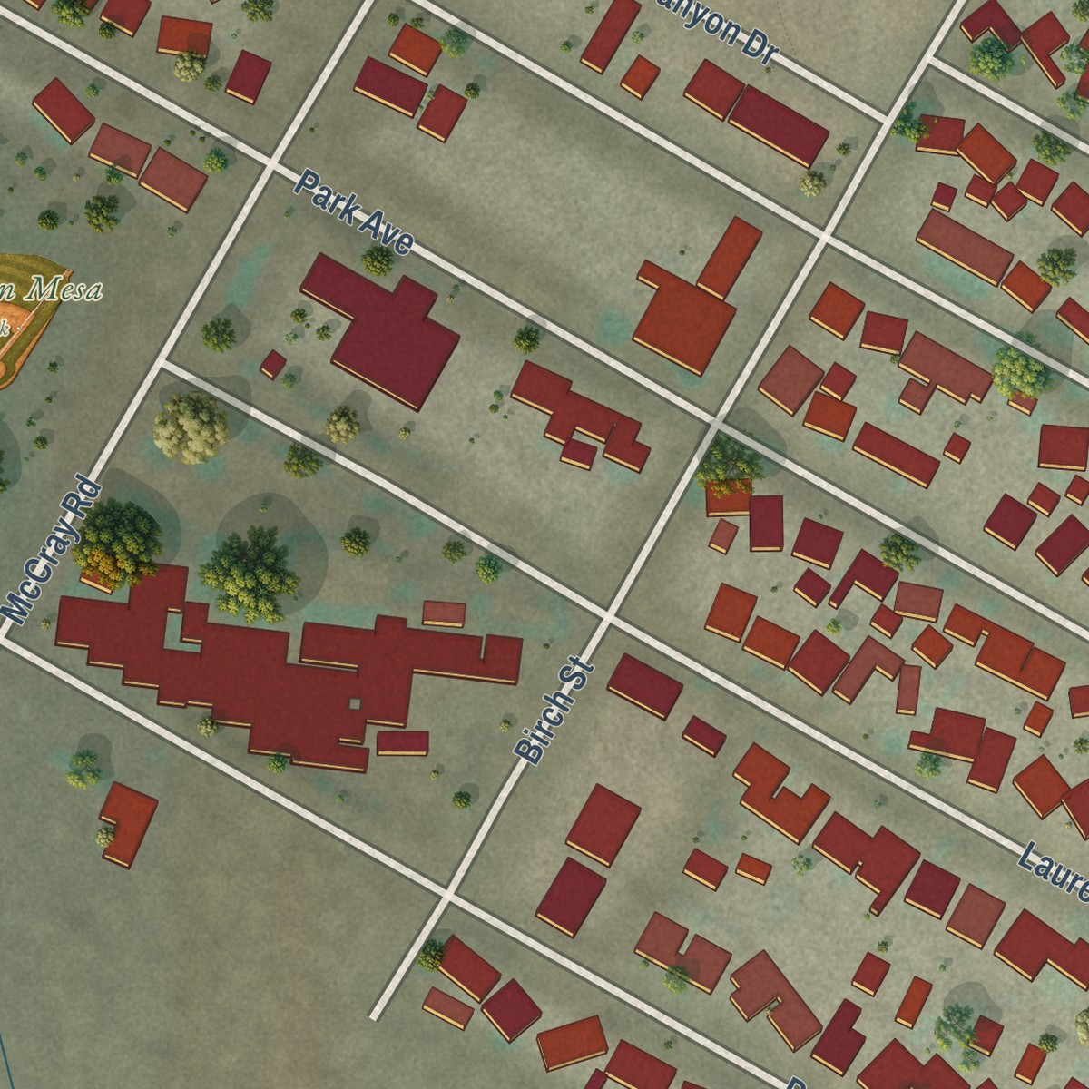 Second close-up of the map of Mountain Mesa, California print showing more streets and buildings