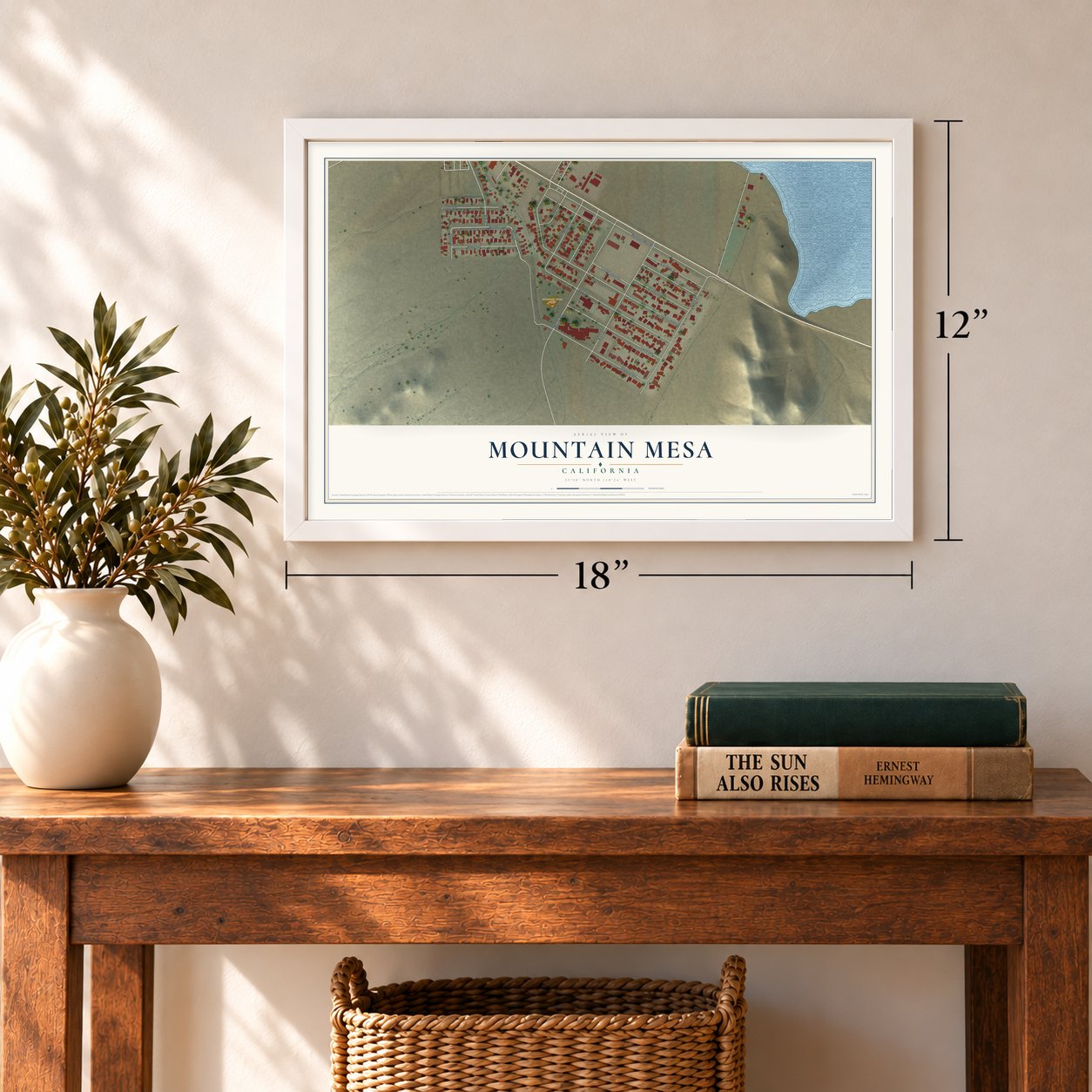 Mountain Mesa, California map, 12 x 18 inch print in a white frame in an entryway
