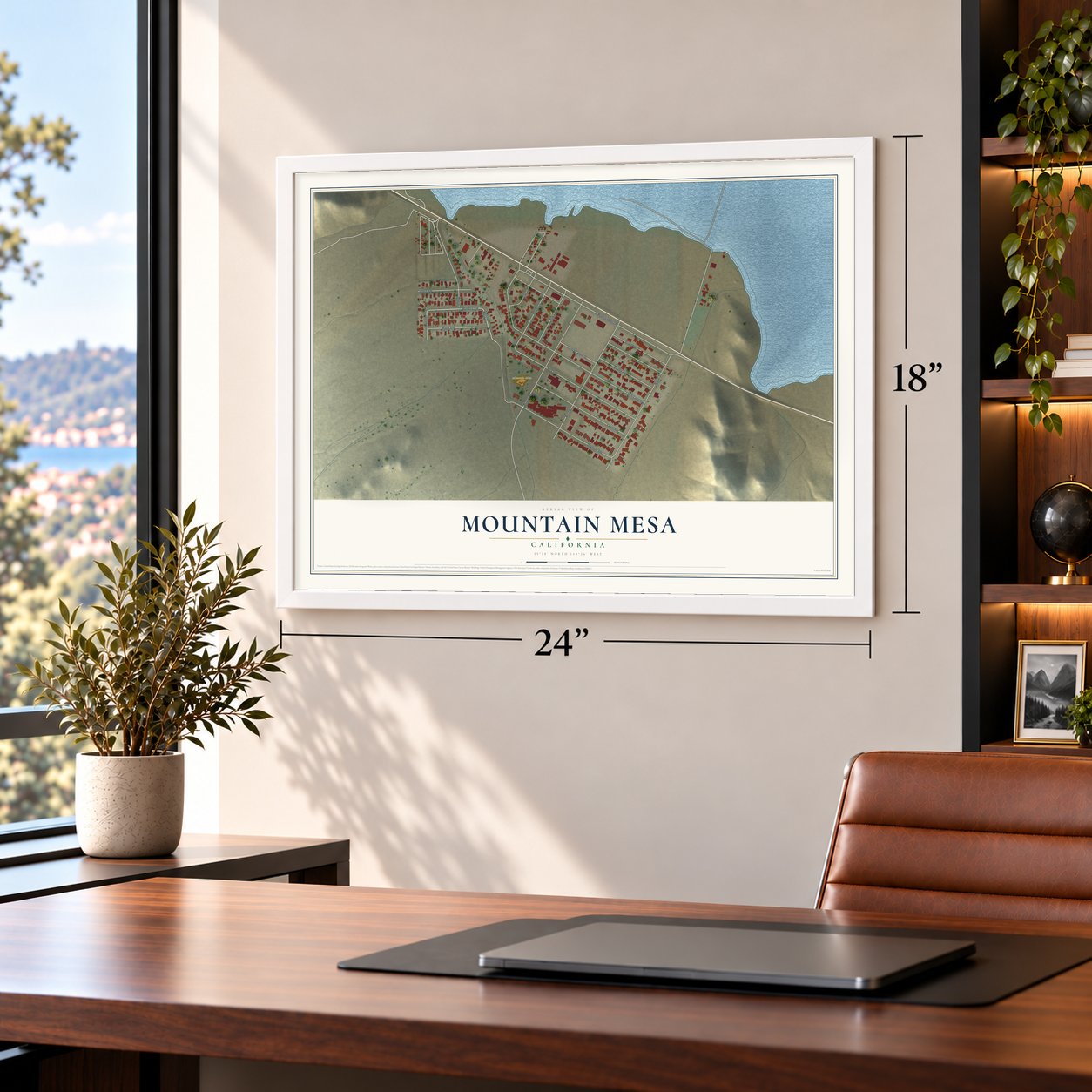Mountain Mesa, California map, 18 x 24 inch print in a white frame in a home office