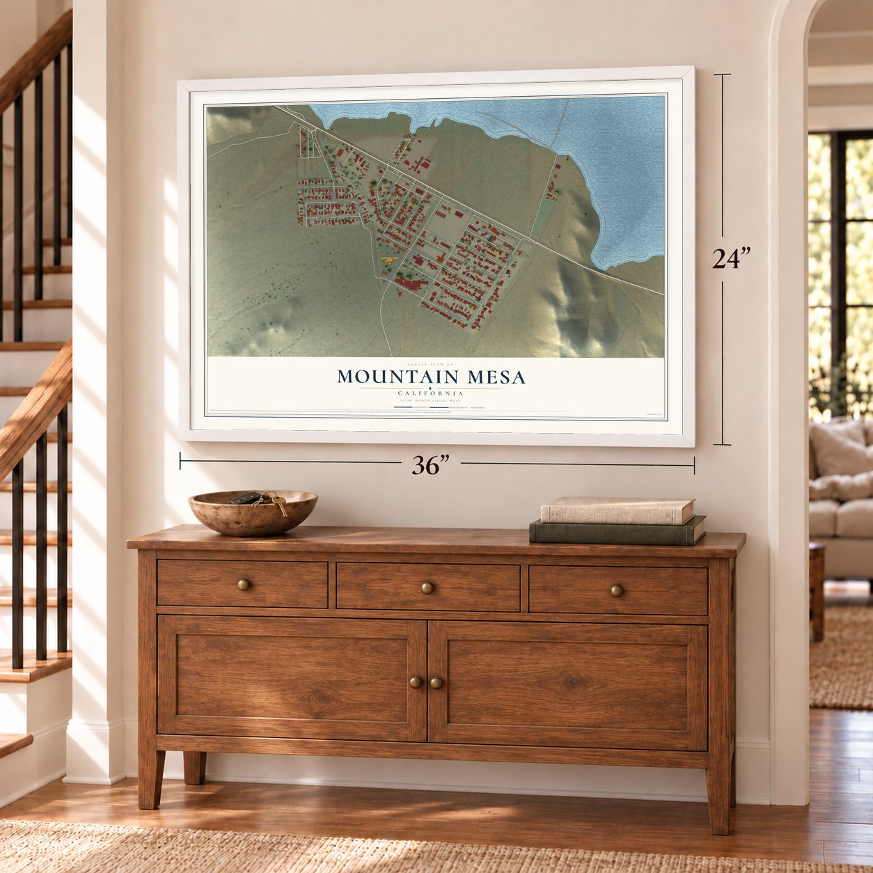 Mountain Mesa, California map, 24 x 36 inch print in a white frame above a dresser by a staircase