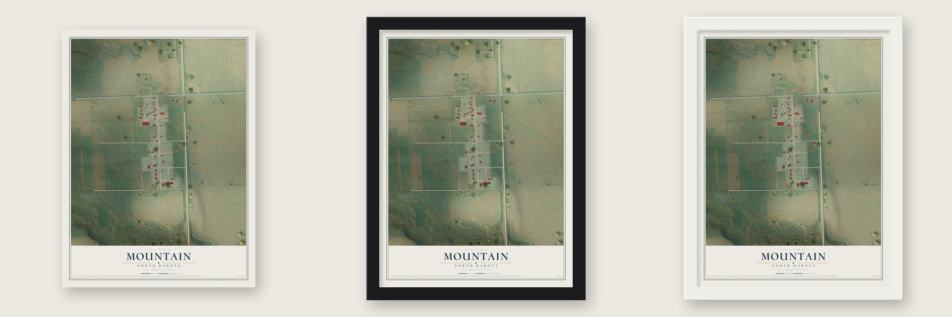 Mountain, North Dakota map unframed, in a black wood frame and in a white wood frame