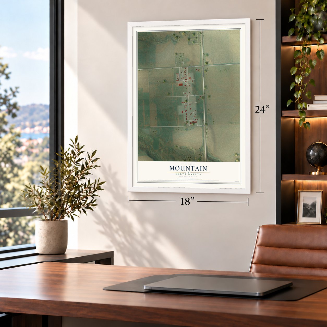 Mountain, North Dakota map, 18 x 24 inch print in a white frame in a home office