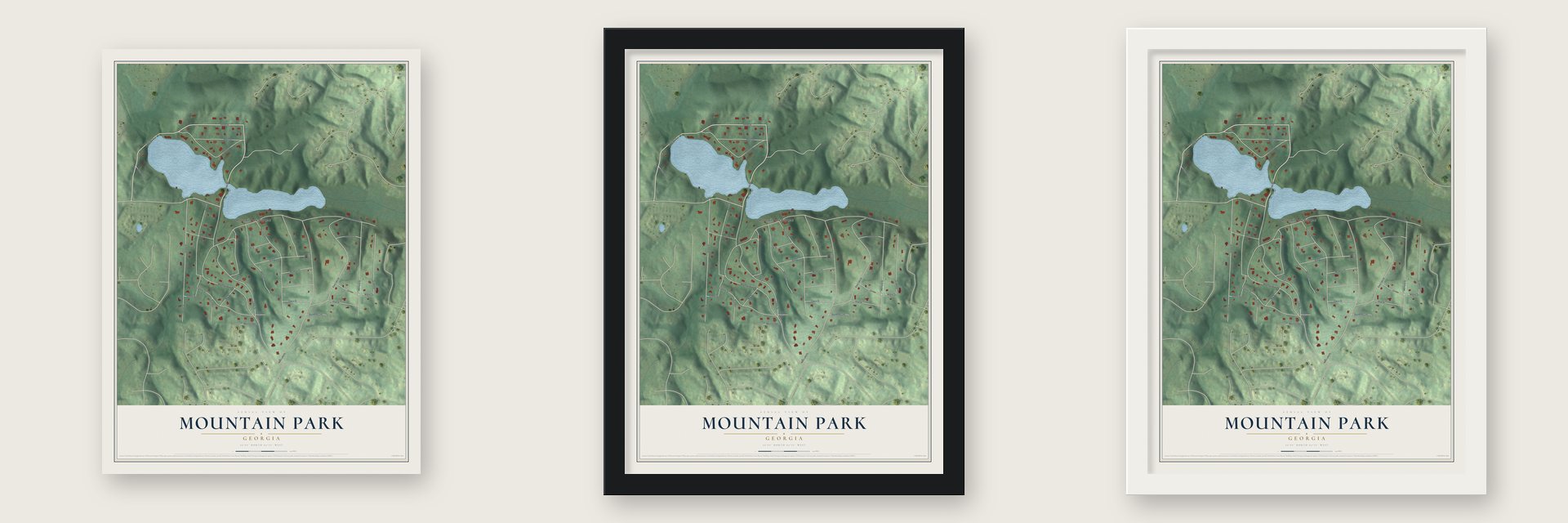 Mountain Park, Georgia map unframed, in a black wood frame and in a white wood frame