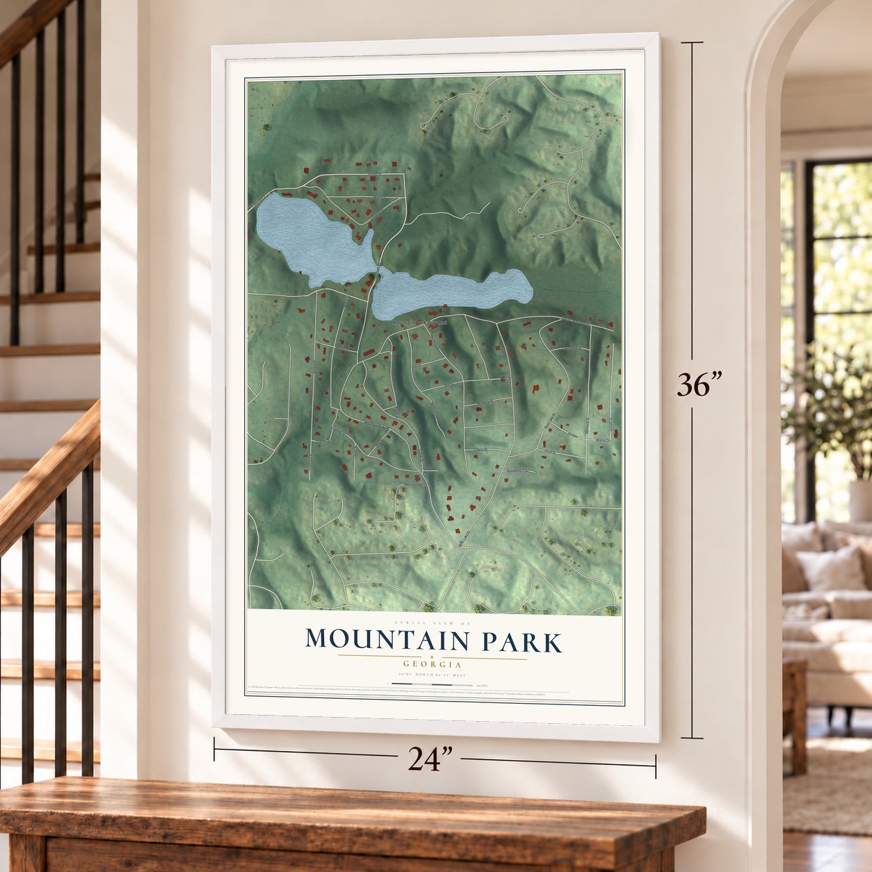 Mountain Park, Georgia map, 24 x 36 inch print in a white frame by a staircase