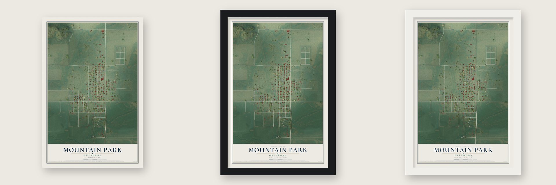 Mountain Park, Oklahoma map unframed, in a black wood frame and in a white wood frame