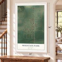 Mountain Park, Oklahoma map, 24 x 36 inch print in a white frame by a staircase