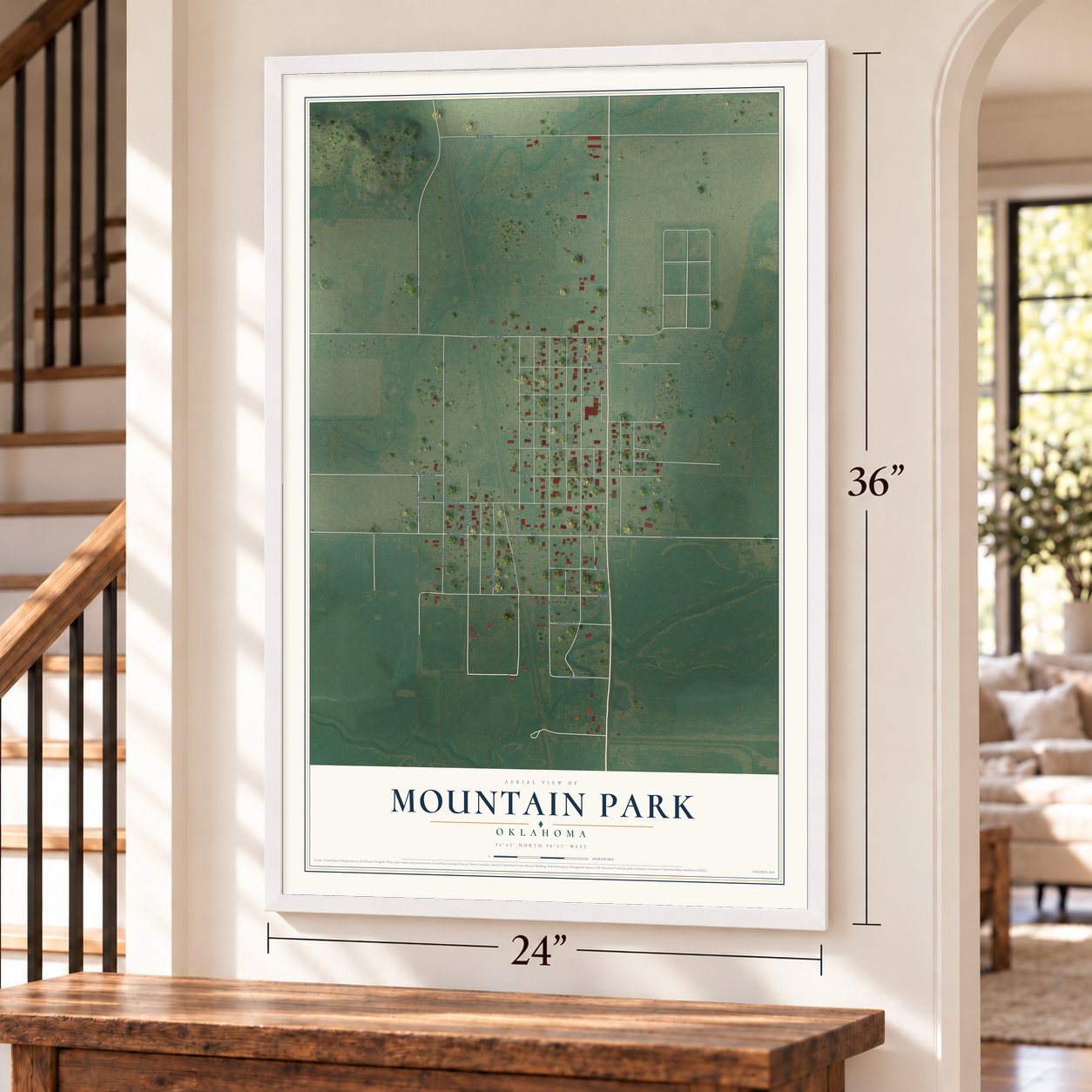 Mountain Park, Oklahoma map, 24 x 36 inch print in a white frame by a staircase