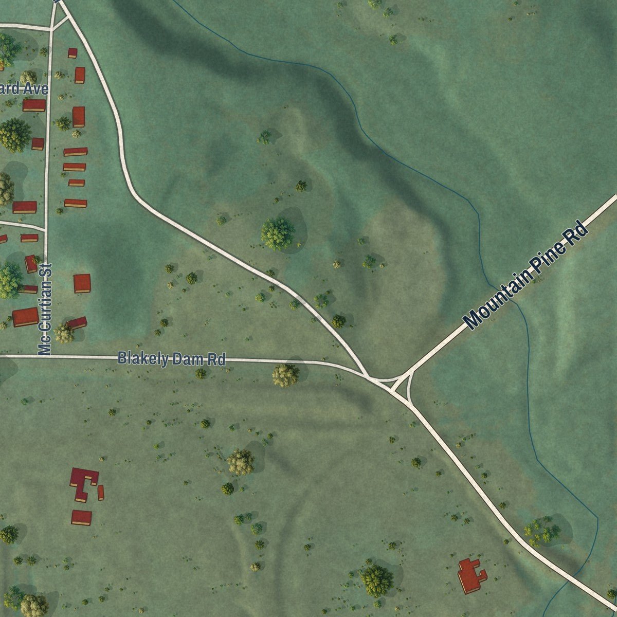 Second close-up of the map of Mountain Pine, Arkansas print showing more streets and buildings