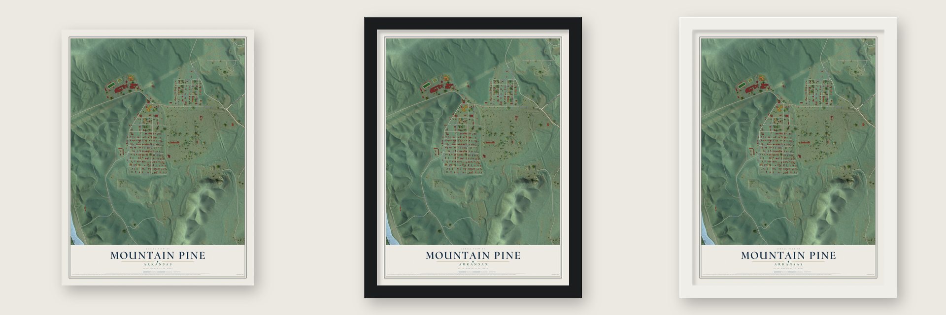 Mountain Pine, Arkansas map unframed, in a black wood frame and in a white wood frame