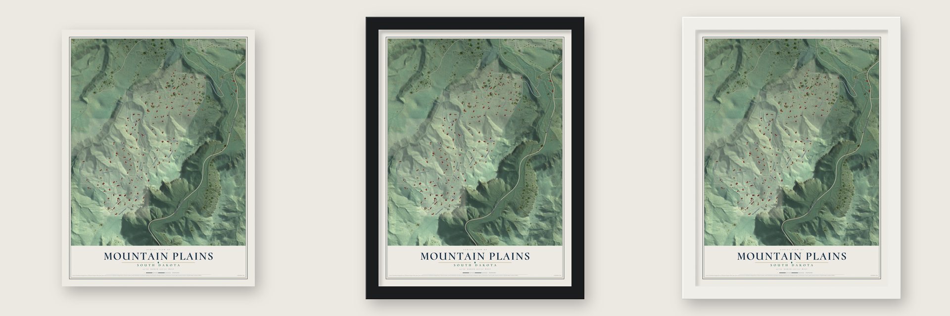 Mountain Plains, South Dakota map unframed, in a black wood frame and in a white wood frame